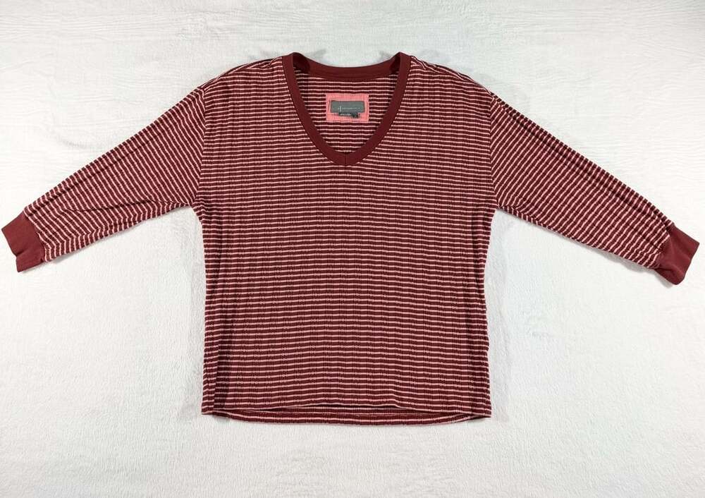 Anthropologie Hannah Striped Top Size S Red Pink V-Neck 3/4 Sleeve Knit Pullover